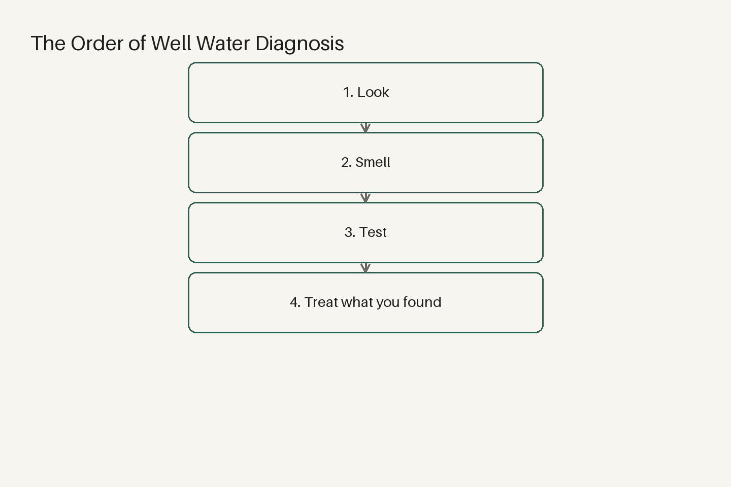 Diagram (steps): The Order of Well Water Diagnosis — Look, Smell, Test, Treat what you found
