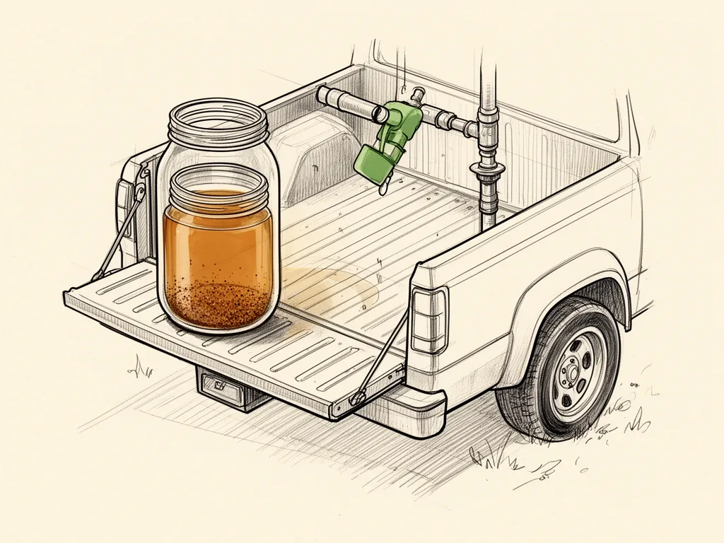 Illustration: A jar of weak tea-colored well water sitting on a truck tailgate, with fine brown silt settling to the bottom