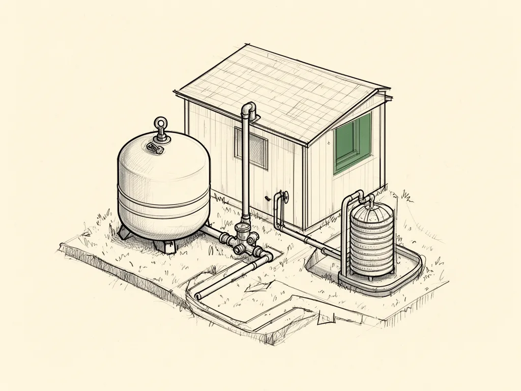 Illustration: A pressure tank with a Schrader valve at the top beside a private well