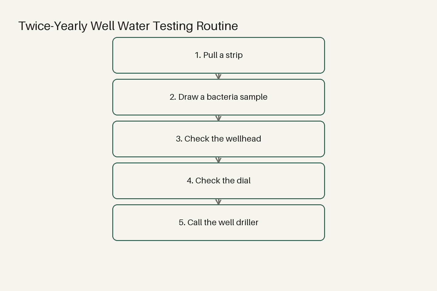 Diagram (steps): Twice-Yearly Well Water Testing Routine — Pull a strip, Draw a bacteria sample, Check the wellhead, Check the dial, Call the well driller