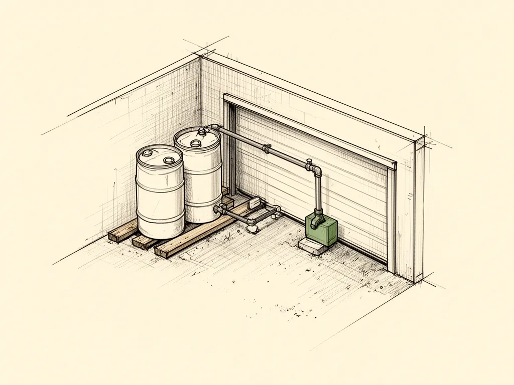 Illustration: Two white drums on wood runners against the north wall of a garage